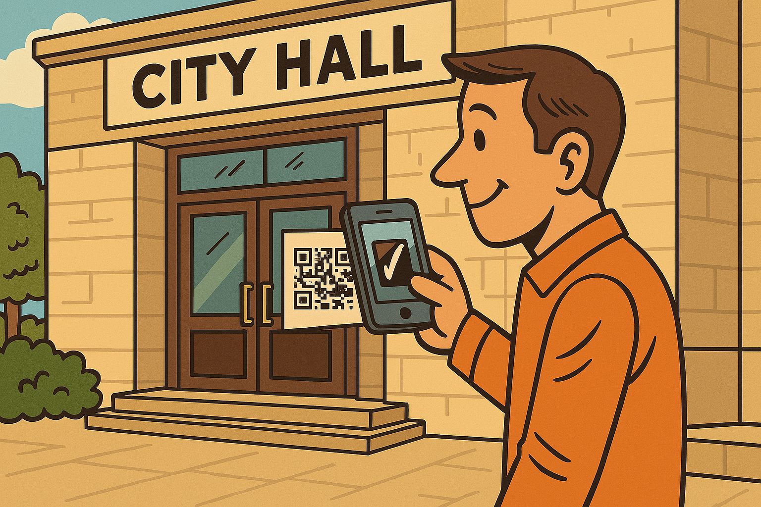 AI image of a man scanning a QR code in front of city hall.