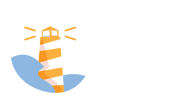Illustration of a yellow and white striped lighthouse with a blue wave.