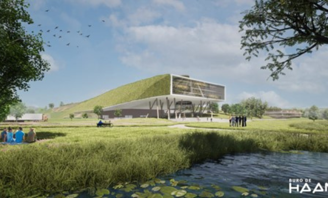 A visualisation of a factory concept blending into a green landscape.