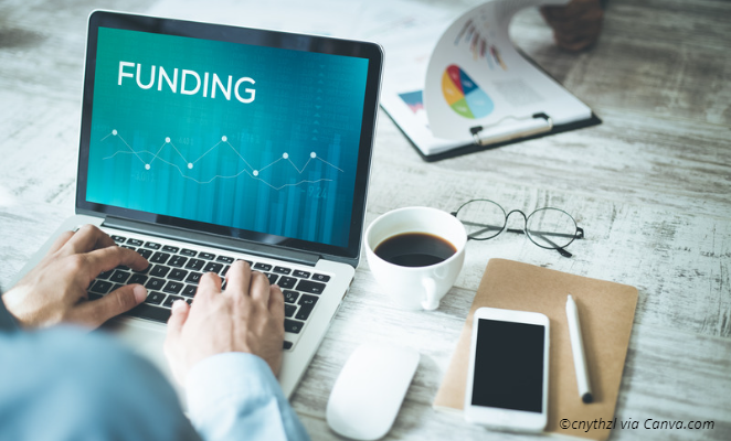 Close-up of hands on a laptop with the word "funding" on the screen, and with a cup of coffee, glasses, a mobile and a pencil lying on the table.