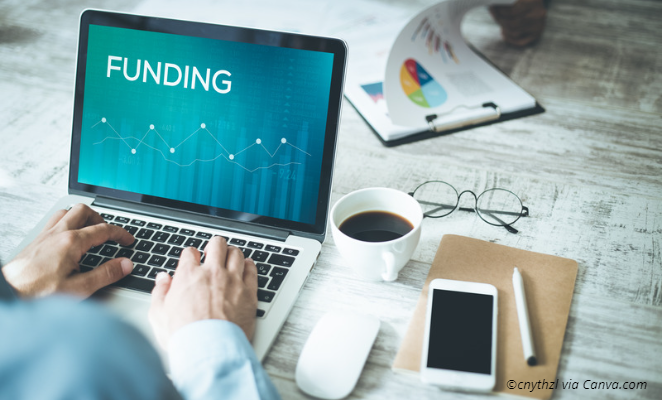 Close-up of hands on a laptop with the word "funding" on the screen, and with a cup of coffee,  glasses, a mobile and a pencil lying on the table.