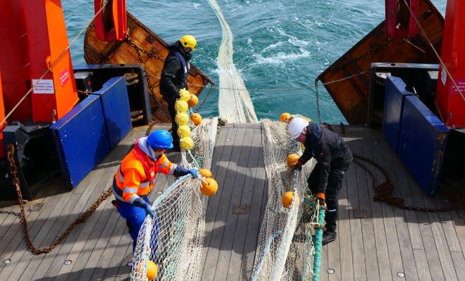 People on the deck of a boat holding a net.