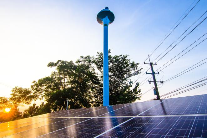 Solar panels with wires overhead
