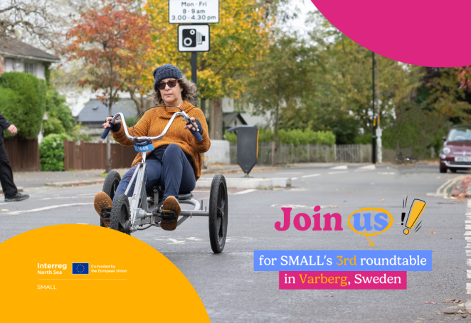A woman uses a trycicle. Colourful visual elements decorate the picture. In the bottom right corner, some text invites readers to join the 3rd SMALL roundtable in Varberg, Sweden