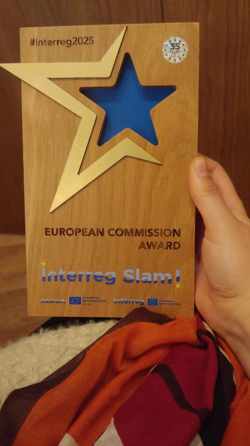 A close-up of the European Commission Award. It's a wooden plaque with a blue star carved in it. the Interreg Slam logo is also included