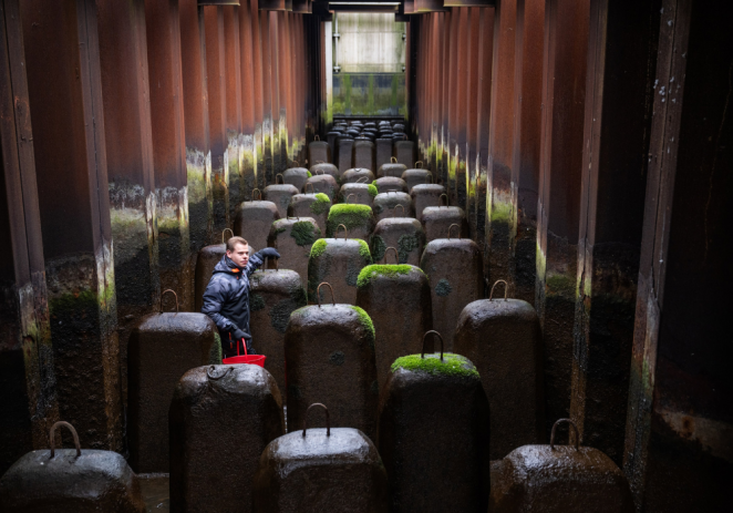 A man is holding a red bucket amid a strange, sinister place.