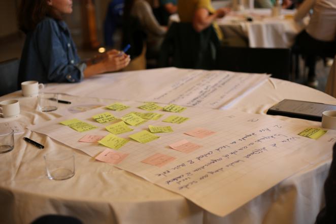 A table with a large paper and post it notes about NbS