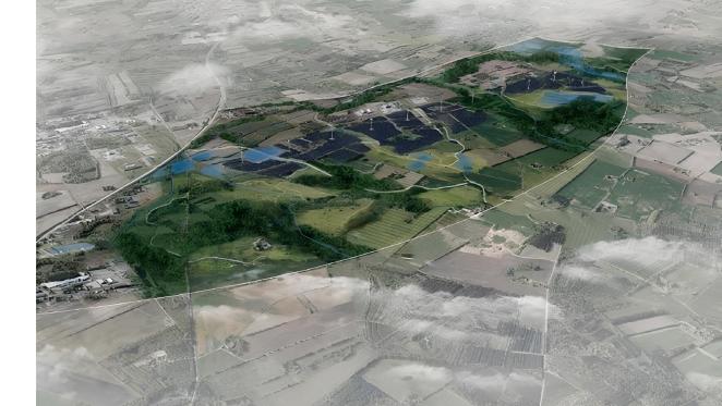 Illustration of wind turbines and solar panels.