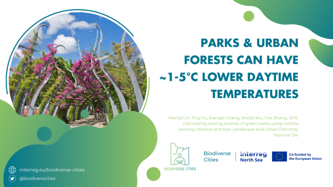 Photo of Biodiverse Cities fact that reads: Parks and urban forests can have 1-5 degrees C lower daytime temperatures