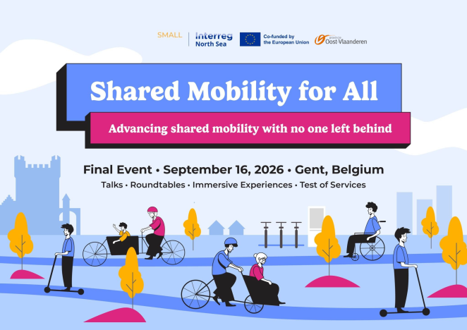 The picture is the poster for the final SMALL event. In large text, it shows the project name: "Shared Mobility for All", and the title of the event: 'Advancing shared mobility with no one left behind'
