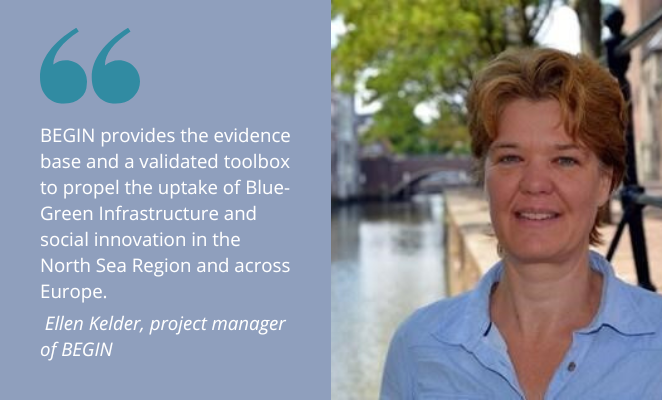 Headshot of project manager Ellen Kelder in front of a canal, next to a quote.