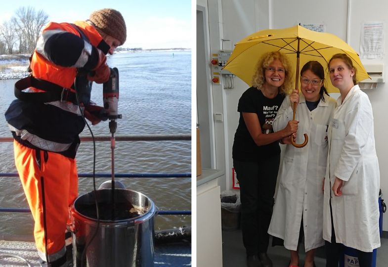 Two images. Left - person on a boat stirring the contents of a metal container. Right - three ladies wearing lab coats standing under a yellow umbrella.