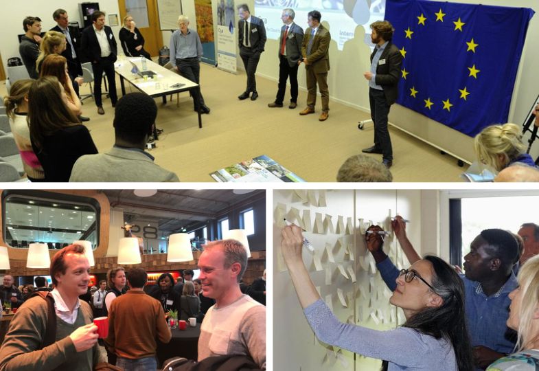Collage of three images showing project events, one including a large EU flag