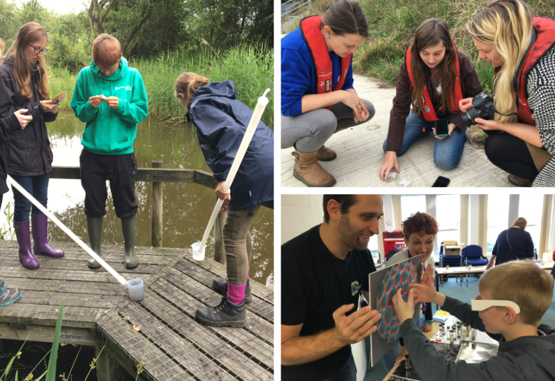 Collage of three images showing volunteers collecting data in the field and a kid wearing 3D glasses.