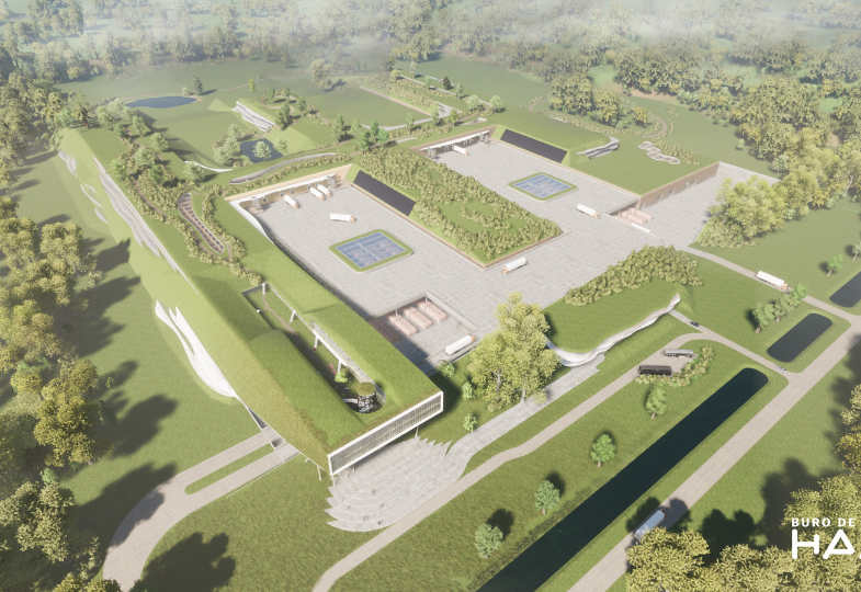 A visualisation of a factory concept blending into a green landscape.