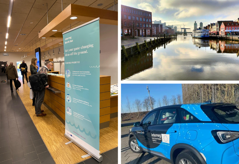 Collage of three images showing a North Sea roll-up and newly arrived people in a lobby area, a sunlit stretch of water lined by houses, an a blue car with a white Interreg logo.