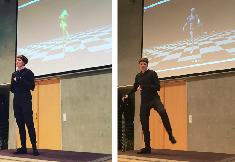 Person testing a smart suit, whose movements are transferred to a virtual figure on the screen