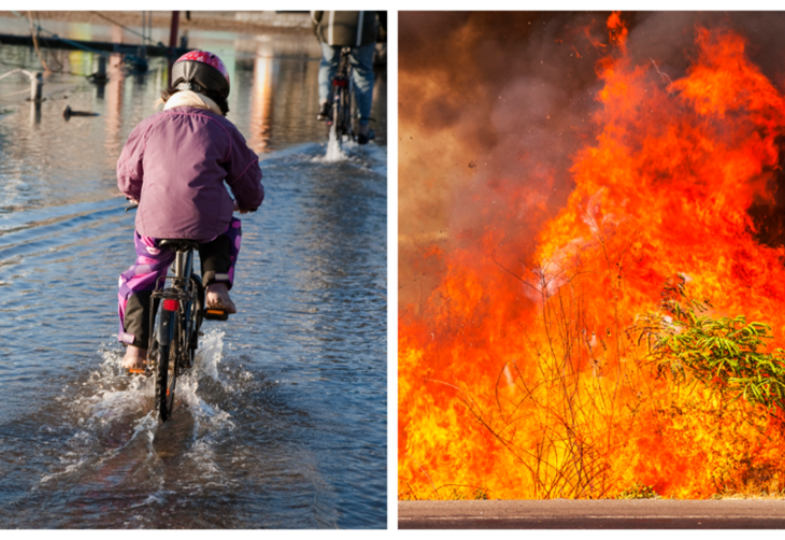 Girl on bike in water and a forrest fire