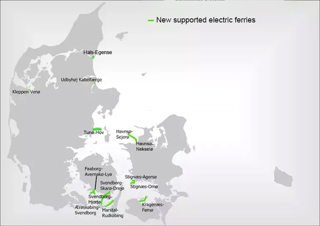 Map of Denmark with 14 green dots showing where new e-ferries are planned.