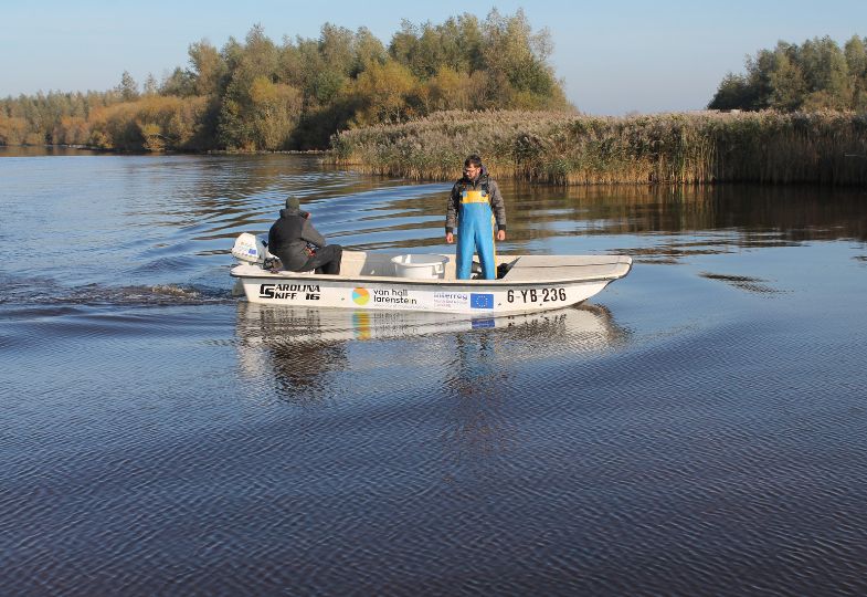 Two people in a small white boat on a lake.