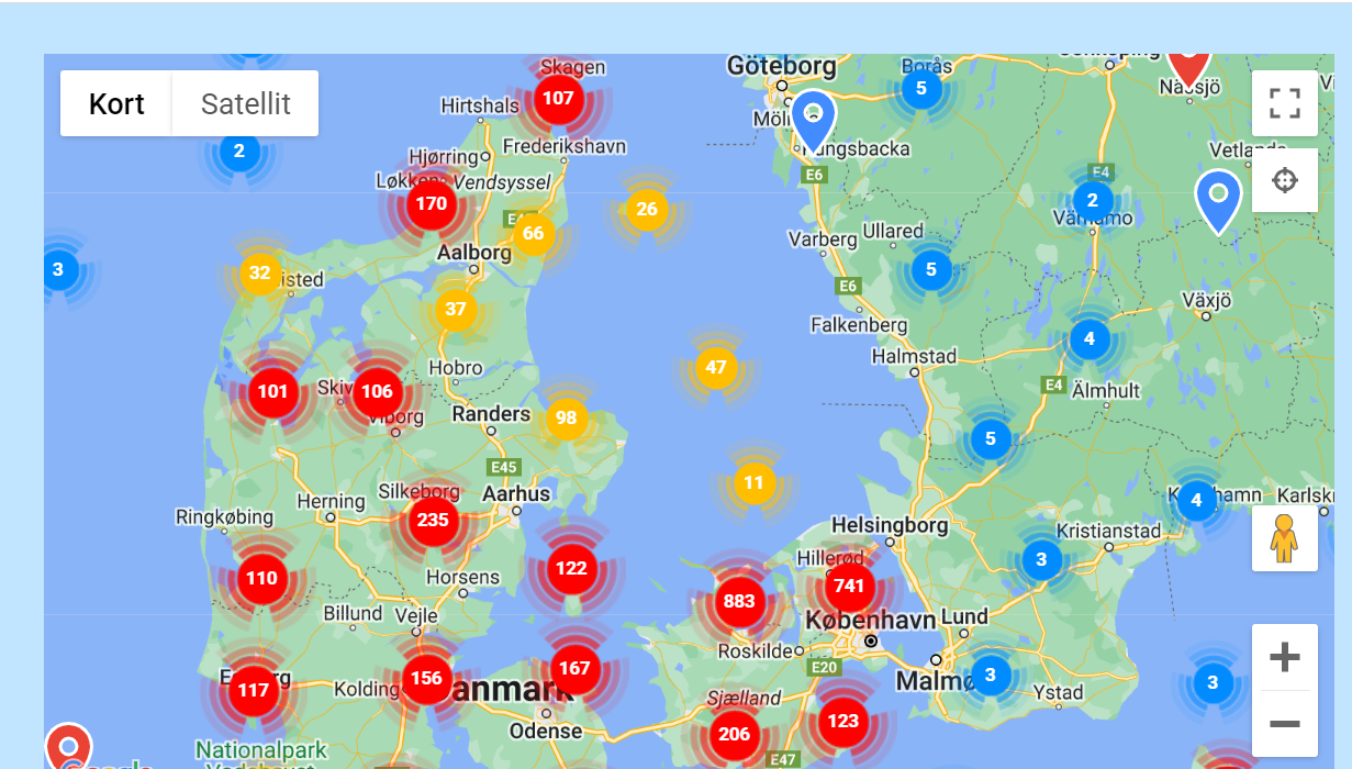 Map showing tick finds in Denmark and southern Sweden