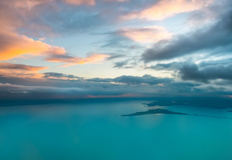 A large lake at sunset.