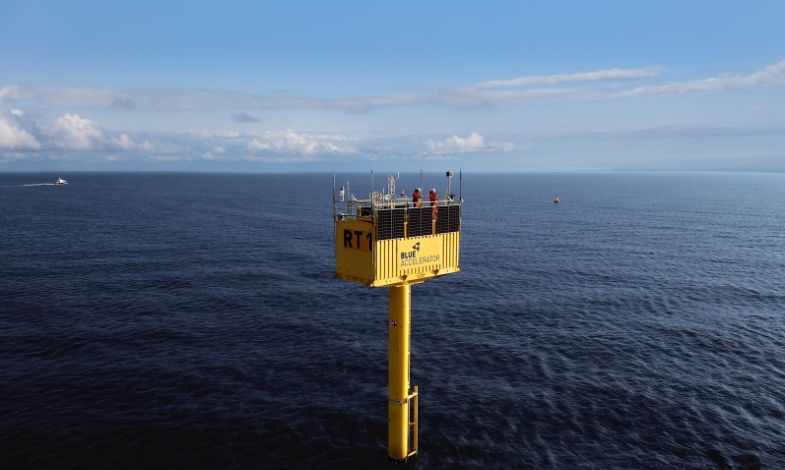 Yellow platform above a blue sea, set against a light blue sky.