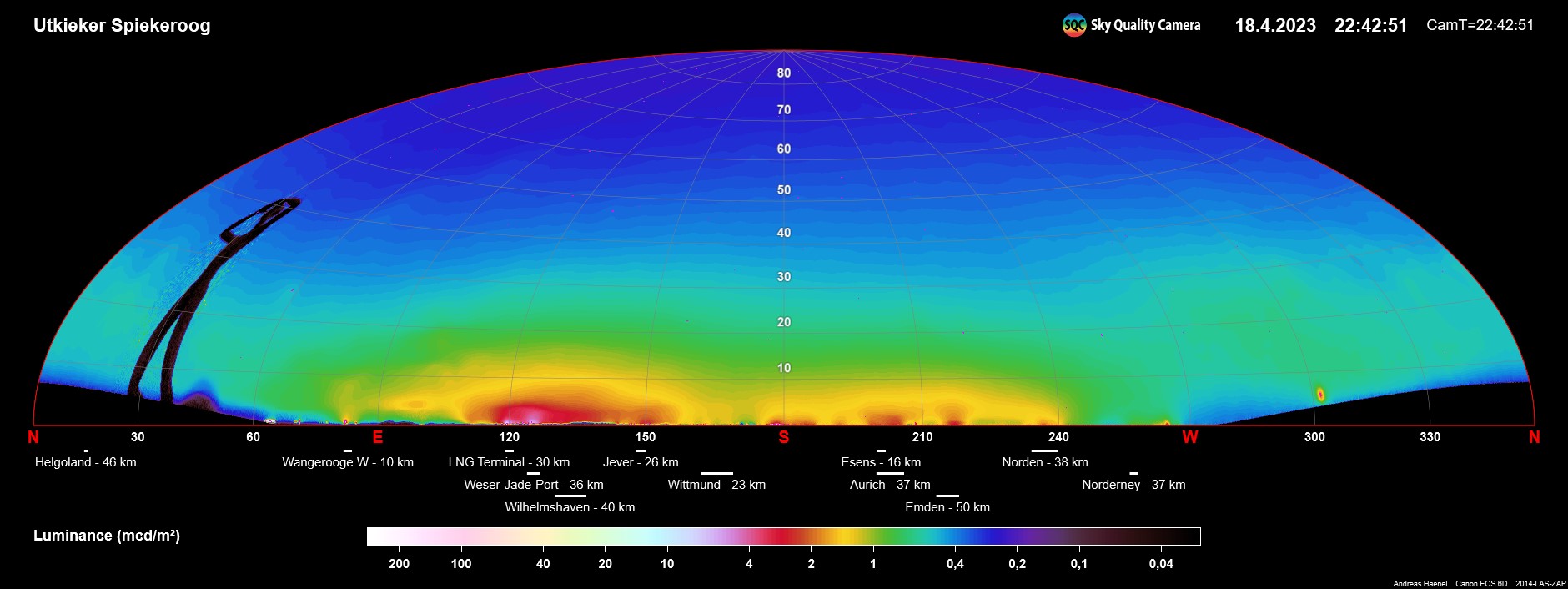 Figure 2: Luminance images of the horizon taken from the starry island Spiekeroog, 32 km distant,  on 18 April 2023, Andreas Hänel