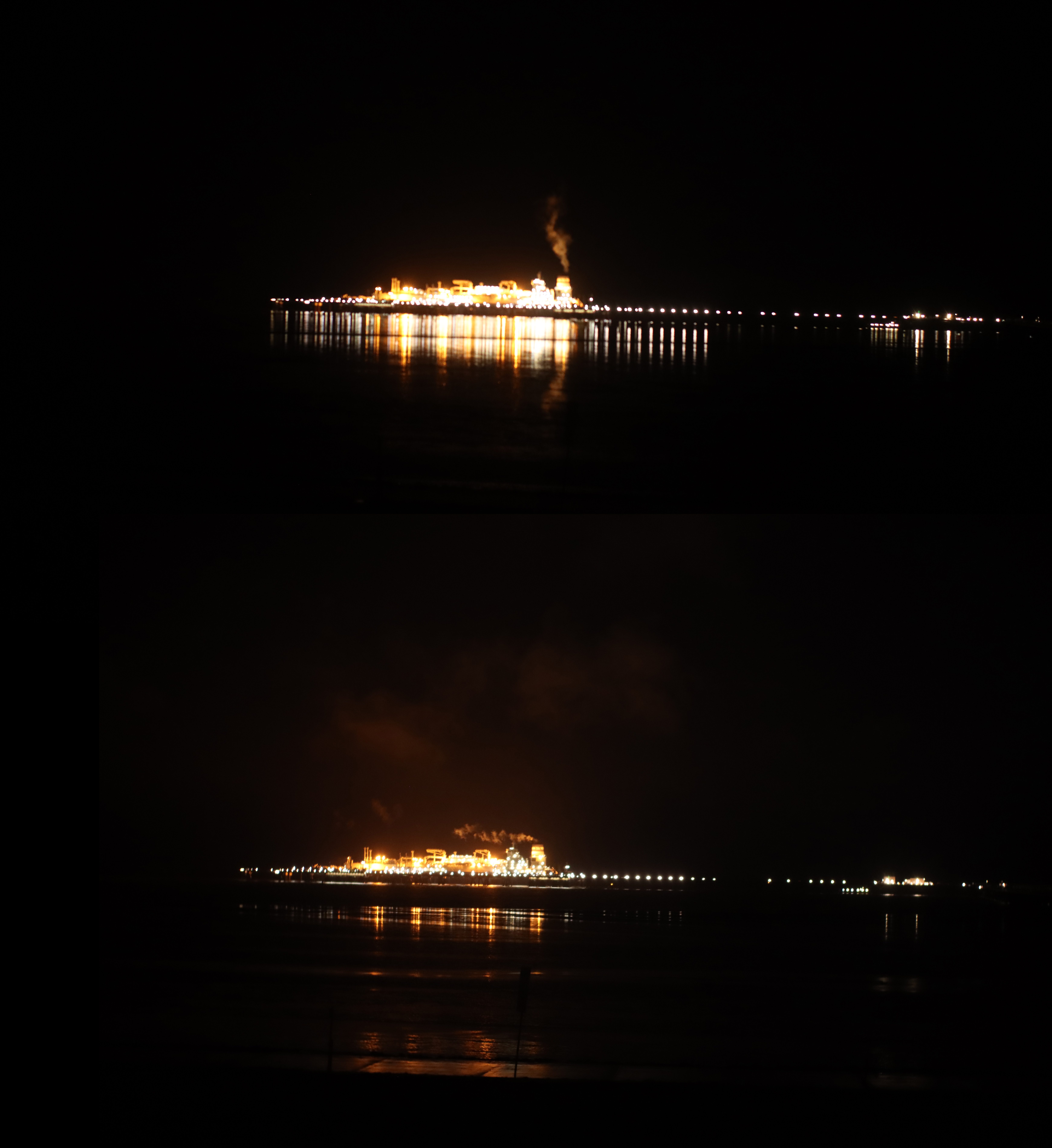 Figure 3: Comparing photos of the LNG-terminal before (above, 27.02.23) and after (below, 08.02.24) the light reduction (ISO 1600, f/1.8, 1/40 s), Andreas Hänel