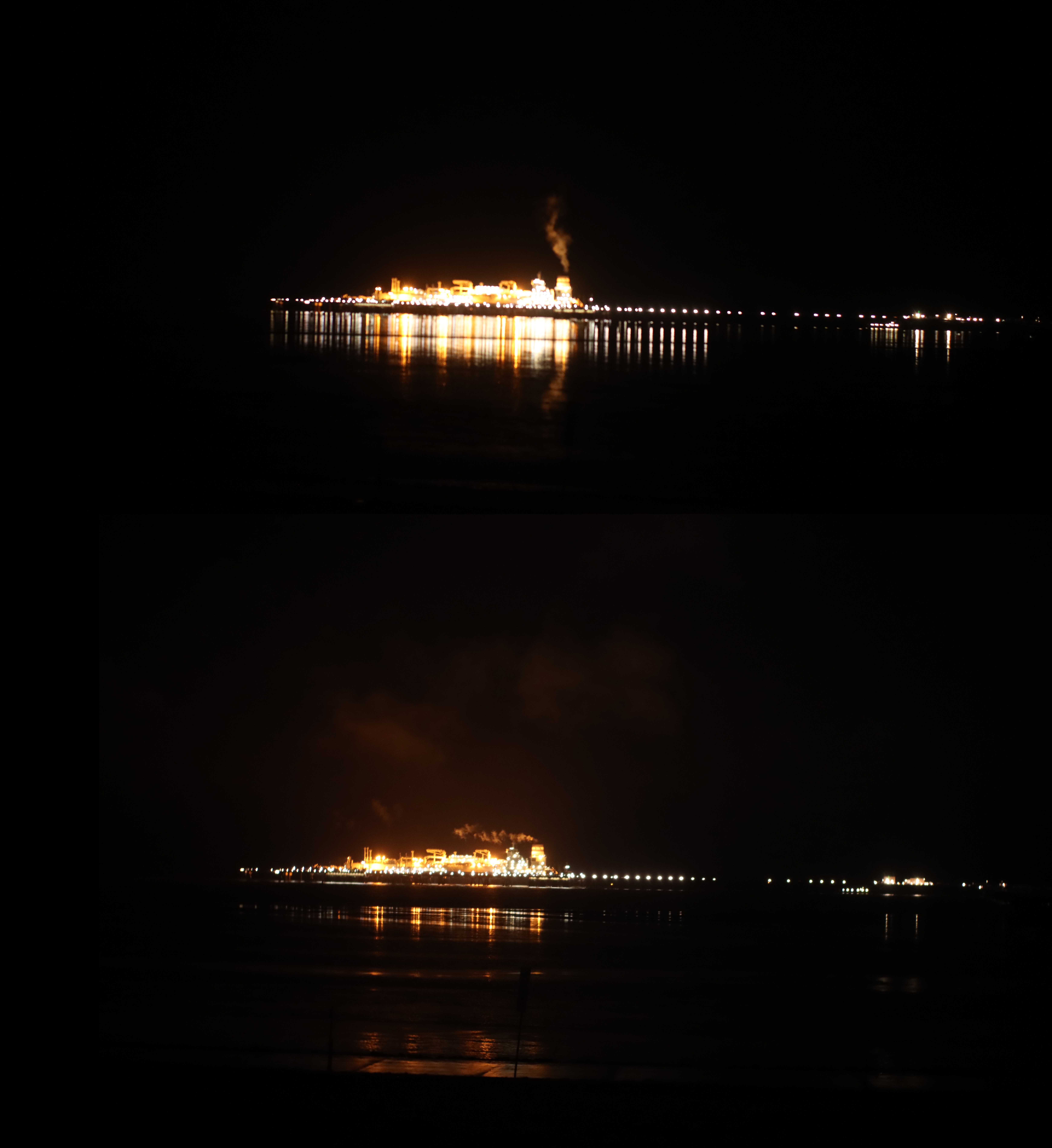 Figure 3: Comparing photos of the LNG-terminal before (above, 27.02.23) and after (below, 08.02.24) the light reduction (ISO 1600, f/1.8, 1/40 s), Andreas Hänel