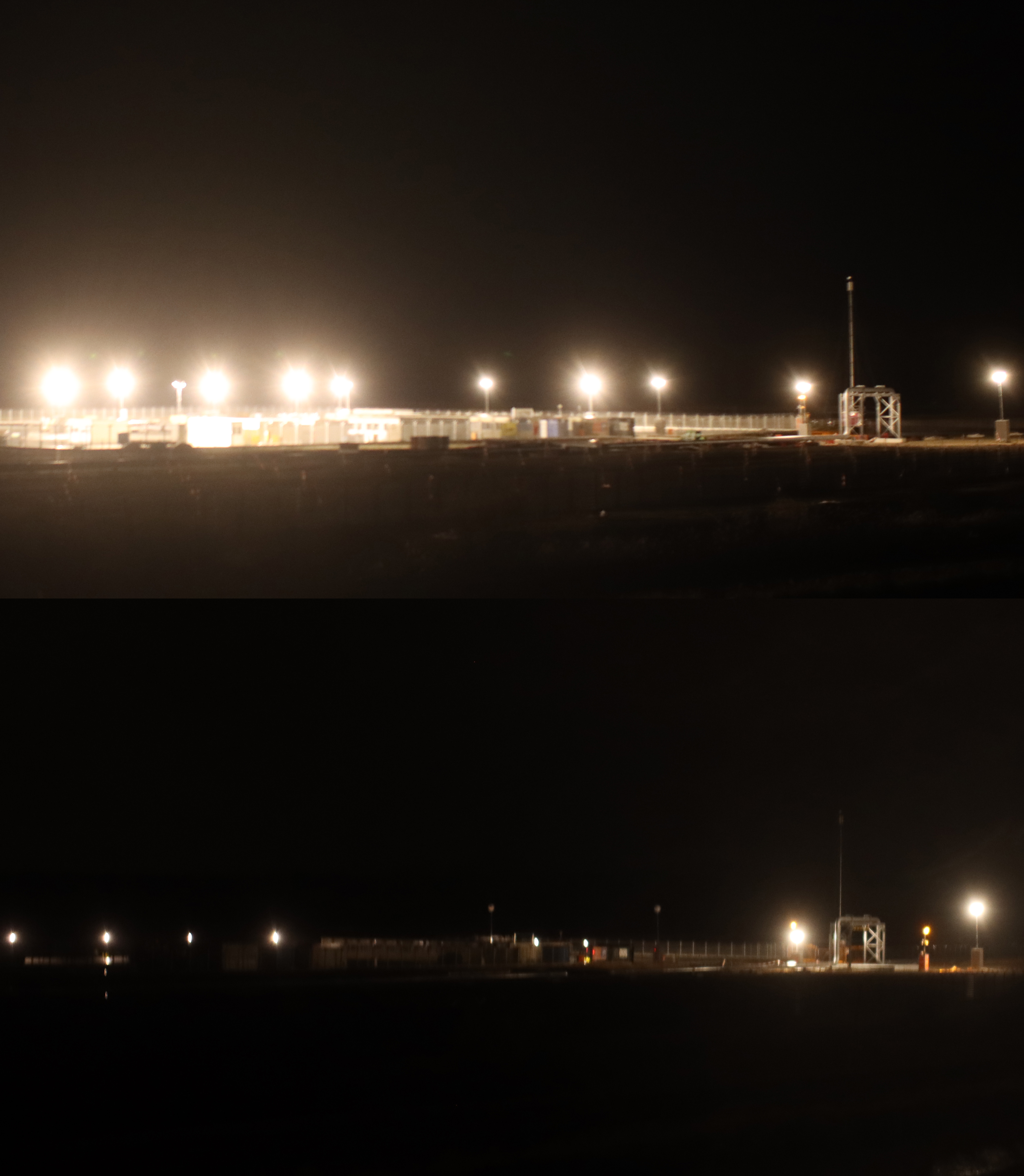 Figure 4: Comparing photos of the distribution station before (above, 27.02.23) and after (below, 08.02.24) the light reduction (ISO 1600, f/1.8, 1/20 s), Andreas Hänel