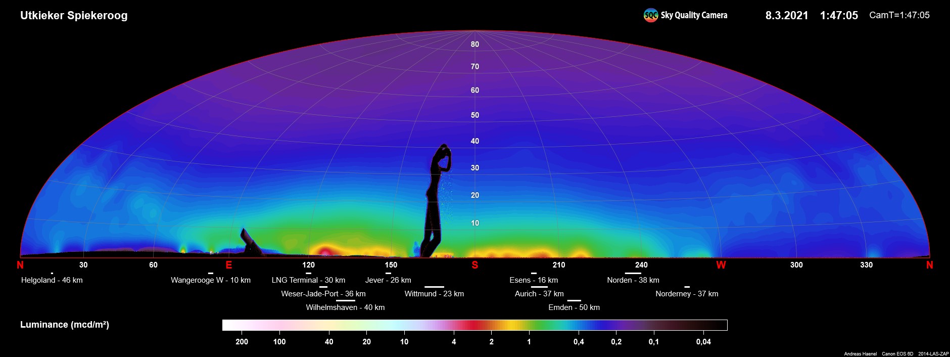 Figure 1: Luminance images of the horizon taken from the starry island Spiekeroog, 32 km distant, on 8 March 2021, Andreas Hänel