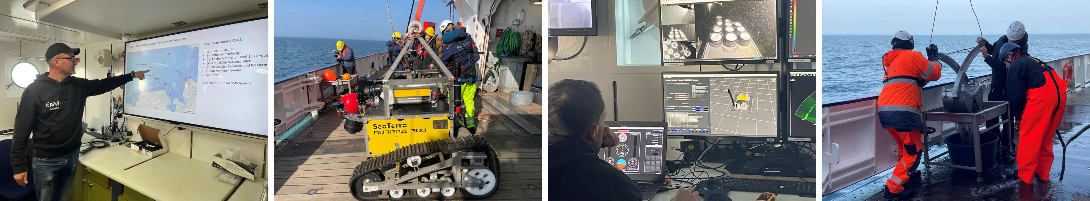 Impressions of the crawler in action, as well as sediment and water sampling aboard the FS Heincke. Additionally, insights into the fisheries operations conducted during the expedition