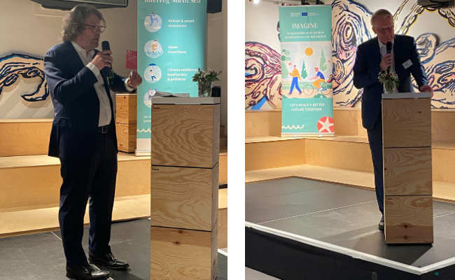 Two images, each showing a speaker next to a wooden lectern in an informal place.