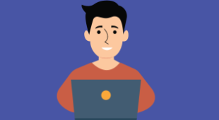 Illustration of a smiling man sitting behind his laptop.