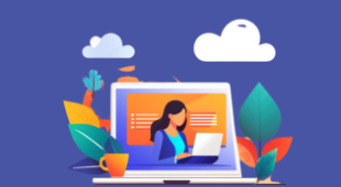 an illustration of a laptop showing a lady and some clouds above.