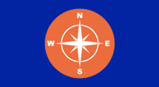 An white compass in an orange circle on a stark blue background.