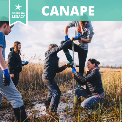 Three people driving a cylinder into a wet peatland to take a core sample, with two onlookers standing by.