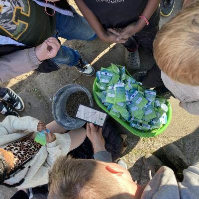 Photo of school children taking part in seed mixing 