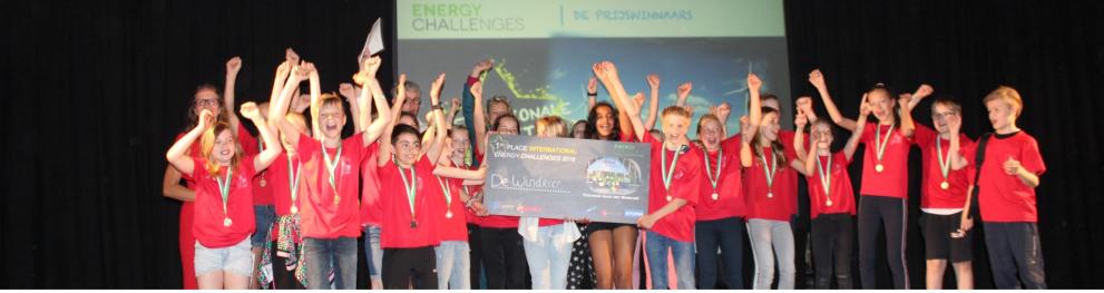 A group of pupils wearing red t-shirts proudly showcasing their Energy Challenges Winner award