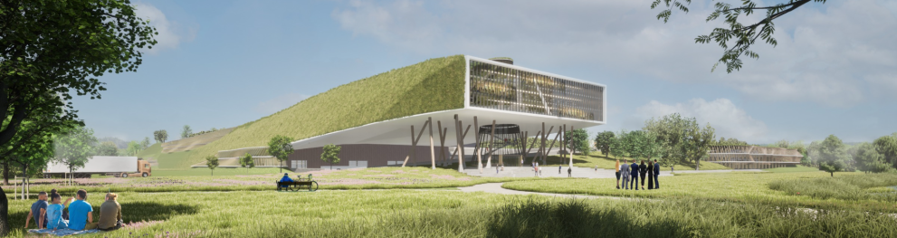 An illustration showing a grass-covered factory in a green landscape.