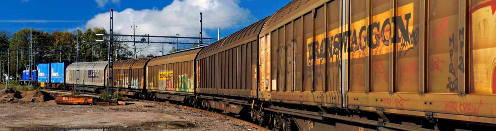 Long rusty cargo train with graffiti against a blue sky.