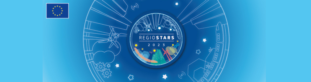 An illustration of a blue planet with colourful houses and with text saying "Regiostars Awards 2023"