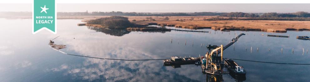 Aerial view of restoration works in the water off the Hicklings Broad peatland area.