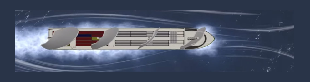 Illustration of modern wind-assisted ship as seen from above.