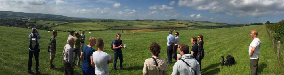 A group of people discussing during a farmwalk, surrounded by green fields in fair weather.