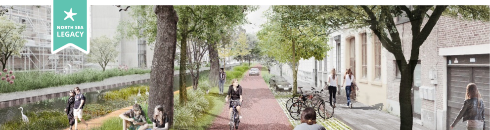 Visualisation of an urban river lined by trees and green areas, with people cycling and walking.
