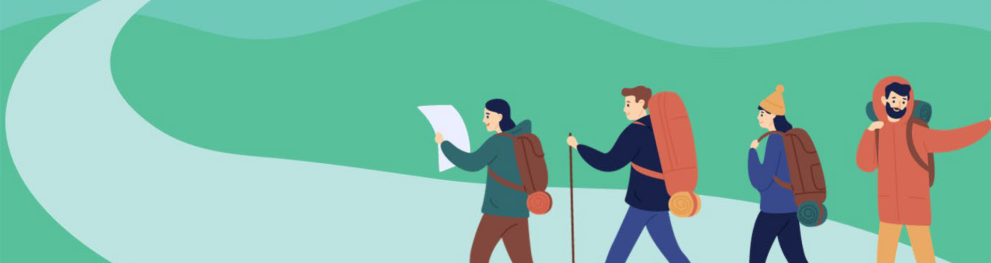 Illustration of four people hiking together, one of them holding a map.