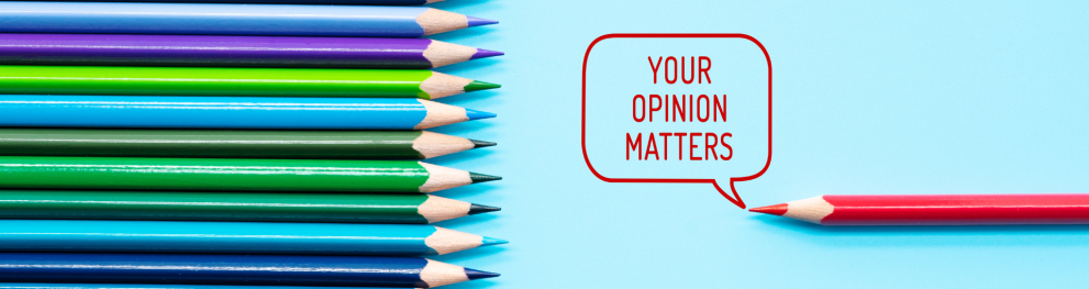 A red crayon and text saying 'your opinion matters' next to a row of crayons in different colours. 