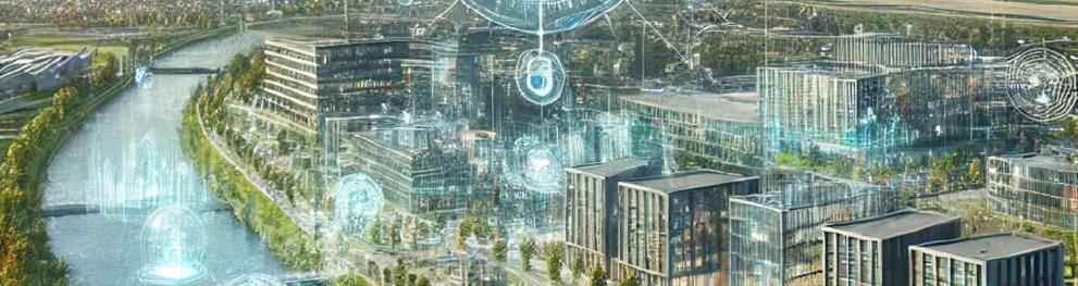 A futuristic representation of Emmen, Netherlands, highlighting data exchange, smart city technology, and a balance between innovation and community well-being.